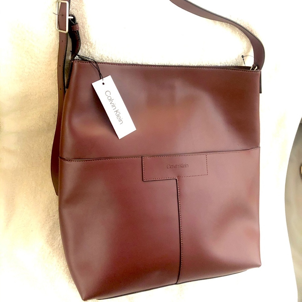 Calvin Klein Maroon (dark burgundy) leather Hobo bucket shoulder bag